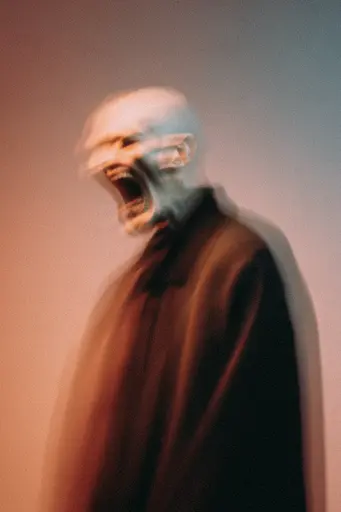 Midjourney generated image using SREF code Blurloom: A man in a black robe with his mouth open and his mouth wide open.