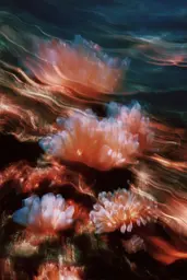 Midjourney generated image using SREF code Blurloom: Anemones floating in the ocean on a sunny day.