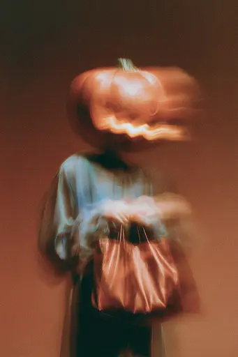 Midjourney generated image using SREF code Blurloom: A person holding a pumpkin on their head. 