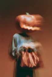 Midjourney generated image using SREF code Blurloom: A person holding a pumpkin on their head. 