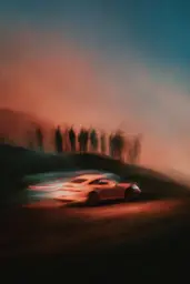 Midjourney generated image using SREF code Blurloom: A car driving down a road with people in the background.
