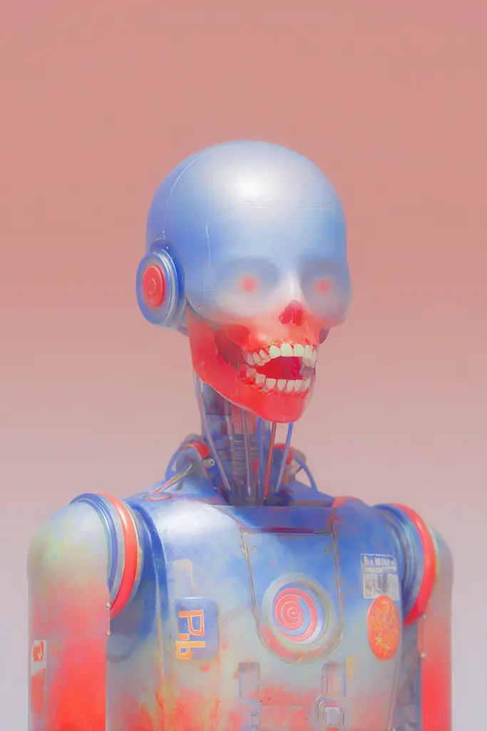 Midjourney generated image using SREF code Chromalume: A robot with a skull on its head. 