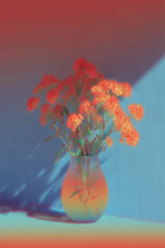 Midjourney generated image using SREF code Chromalume: A vase filled with red flowers sitting on a table.