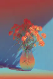 Midjourney generated image using SREF code Chromalume: A vase filled with red flowers sitting on a table.