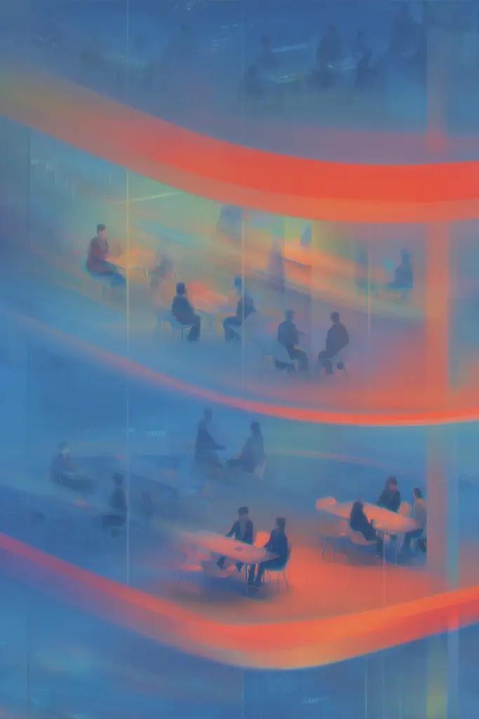 Midjourney generated image using SREF code Chromalume: A group of people sitting around a table in a room.
