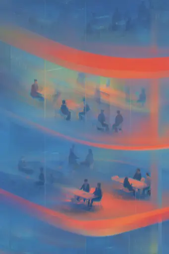 Midjourney generated image using SREF code Chromalume: A group of people sitting around a table in a room.