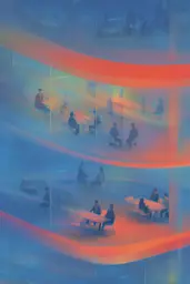 Midjourney generated image using SREF code Chromalume: A group of people sitting around a table in a room.