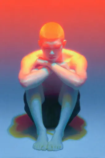 Midjourney generated image using SREF code Chromalume: A painting of a man sitting on the ground with his head in his hands.