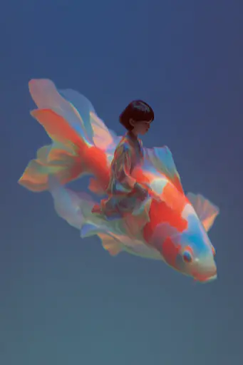 Midjourney generated image using SREF code Chromalume: A person sitting on top of a goldfish in the water.