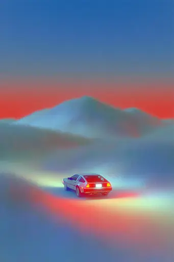 Midjourney generated image using SREF code Chromalume: A red car driving down a road with mountains in the background.
