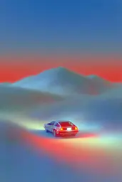 Midjourney generated image using SREF code Chromalume: A red car driving down a road with mountains in the background.
