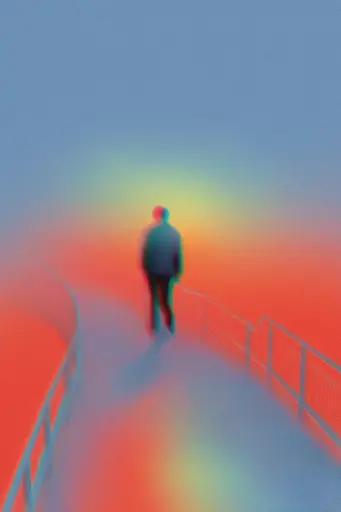 Midjourney generated image using SREF code Chromalume: A person walking on a bridge with a rainbow in the background.