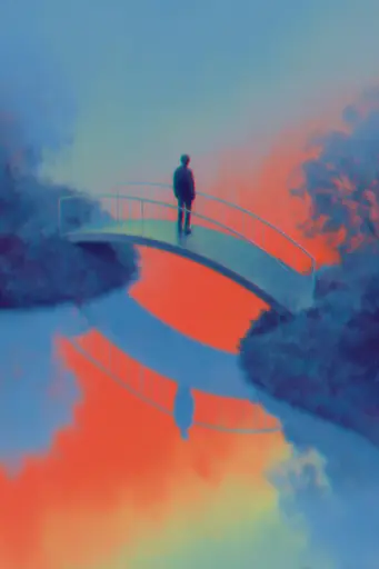 Midjourney generated image using SREF code Chromalume: A person standing on a bridge over a body of water.