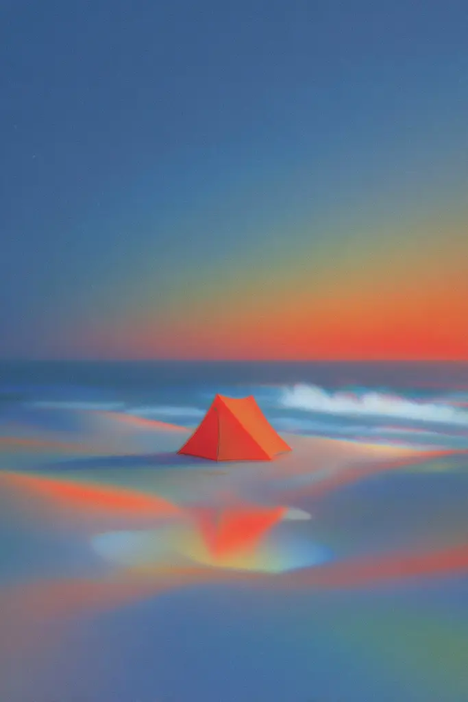 Midjourney generated image using SREF code Chromalume: A painting of a red tent on a beach at sunset.