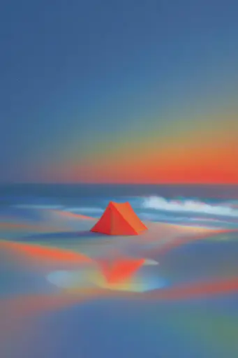 Midjourney generated image using SREF code Chromalume: A painting of a red tent on a beach at sunset.