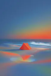 Midjourney generated image using SREF code Chromalume: A painting of a red tent on a beach at sunset.