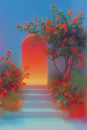 Midjourney generated image using SREF code Chromalume: A painting of a tree with red flowers in front of a door.