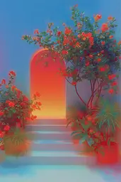 Midjourney generated image using SREF code Chromalume: A painting of a tree with red flowers in front of a door.