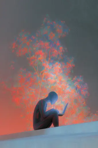Midjourney generated image using SREF code Chromalume: A man sitting on a ledge using a laptop computer.