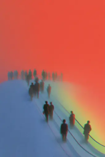 Midjourney generated image using SREF code Chromalume: A group of people walking up a snow covered hill.