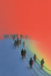 Midjourney generated image using SREF code Chromalume: A group of people walking up a snow covered hill.