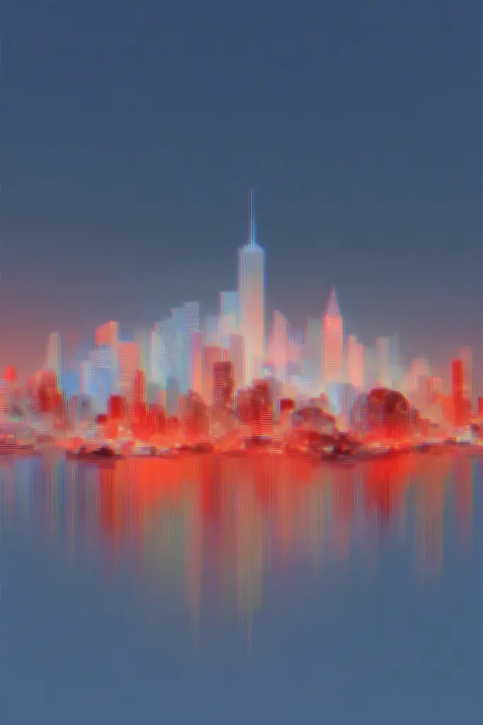 Midjourney generated image using SREF code Chromalume: A painting of a city skyline at night with a reflection in the water.