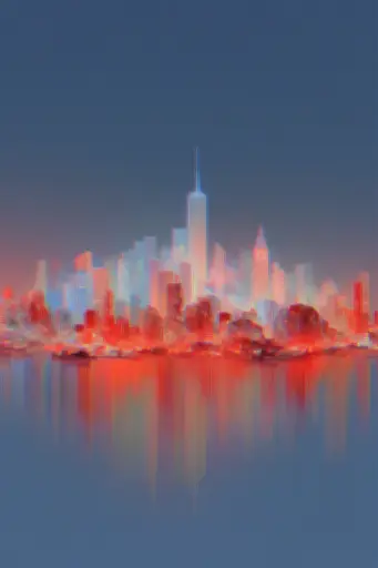 Midjourney generated image using SREF code Chromalume: A painting of a city skyline at night with a reflection in the water.
