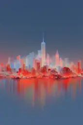 Midjourney generated image using SREF code Chromalume: A painting of a city skyline at night with a reflection in the water.