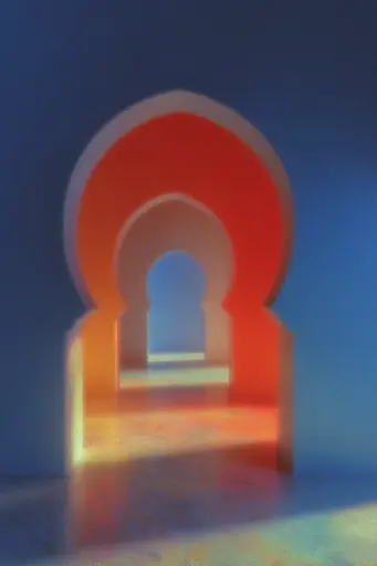 Midjourney generated image using SREF code Chromalume: A painting of an archway in the middle of a room.