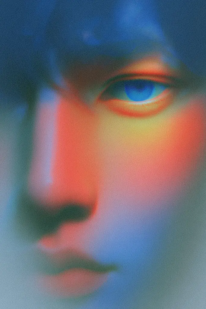 Midjourney generated image using SREF code Chromalume: a close up of a person's face with blue eyes