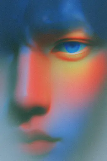 Midjourney generated image using SREF code Chromalume: a close up of a person's face with blue eyes