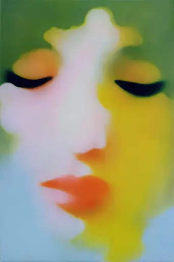 Midjourney generated image using SREF code Plurailteа: A painting of a woman's face with her eyes closed.