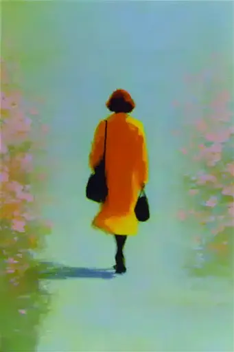 Midjourney generated image using SREF code Plurailteа: A painting of a woman walking down a path.