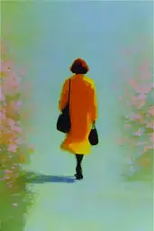 Midjourney generated image using SREF code Plurailteа: A painting of a woman walking down a path.