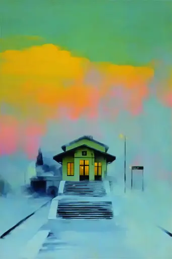 Midjourney generated image using SREF code Plurailteа: A painting of a train station in the snow.