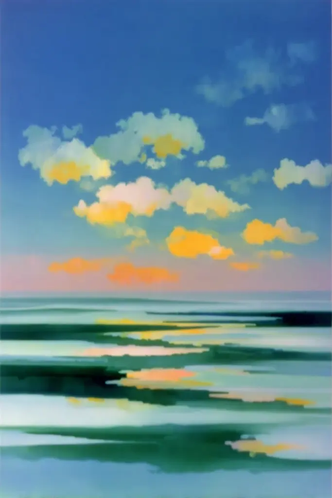 Midjourney generated image using SREF code Plurailteа: A painting of a cloudy sky over a body of water.