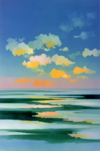 Midjourney generated image using SREF code Plurailteа: A painting of a cloudy sky over a body of water.