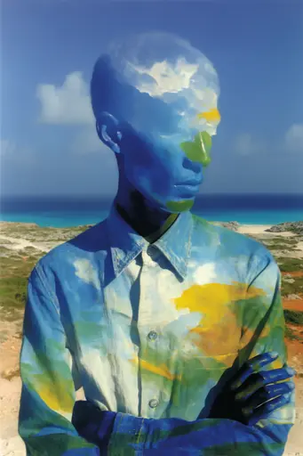 Midjourney generated image using SREF code Plurailteа: A painting of a man standing on a beach with his arms crossed.