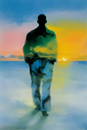 Midjourney generated image using SREF code Plurailteа: A painting of a man walking on the beach at sunset.