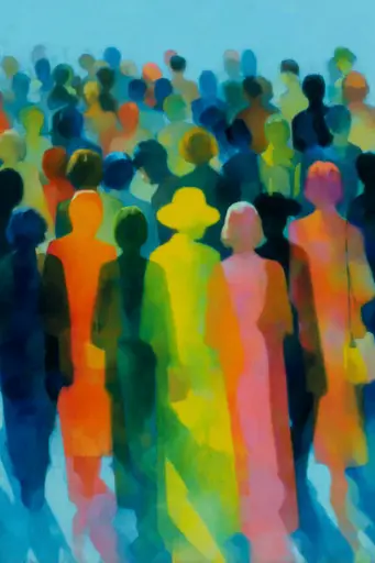 Midjourney generated image using SREF code Plurailteа: A painting of a crowd of people walking in a crowd.