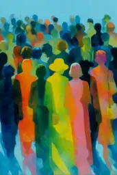 Midjourney generated image using SREF code Plurailteа: A painting of a crowd of people walking in a crowd.