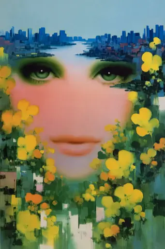 Midjourney generated image using SREF code Plurailteа: A painting of a woman's face surrounded by yellow flowers.