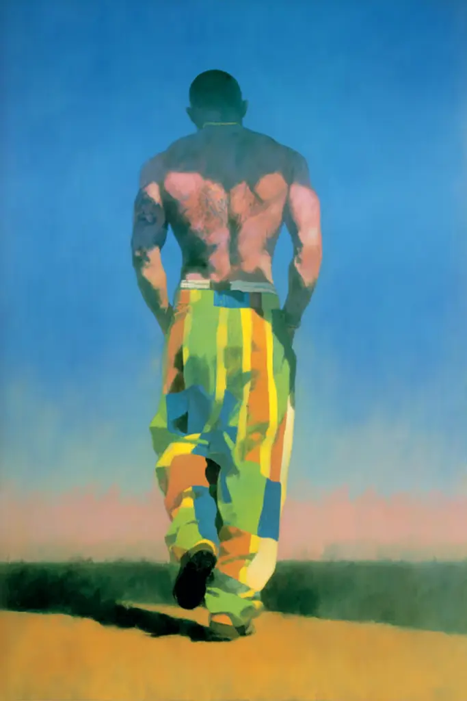 Midjourney generated image using SREF code Plurailteа: A painting of a man walking down a dirt road.