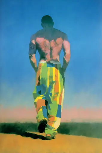 Midjourney generated image using SREF code Plurailteа: A painting of a man walking down a dirt road.