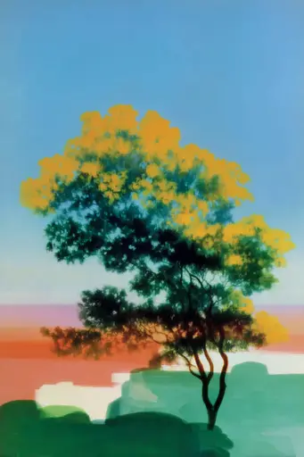 Midjourney generated image using SREF code Plurailteа: A painting of a tree in the middle of a field.