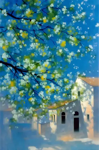 Midjourney generated image using SREF code Plurailteа: A painting of a white house under a tree.