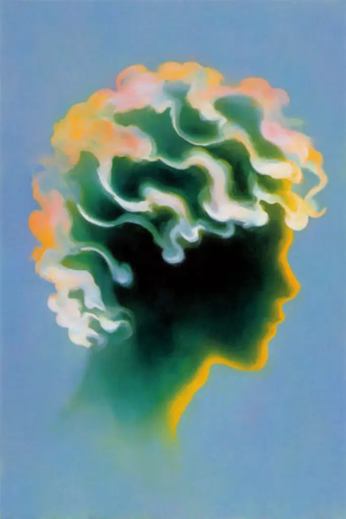 Midjourney generated image using SREF code Plurailteа: A painting of a woman's head with smoke coming out of it.