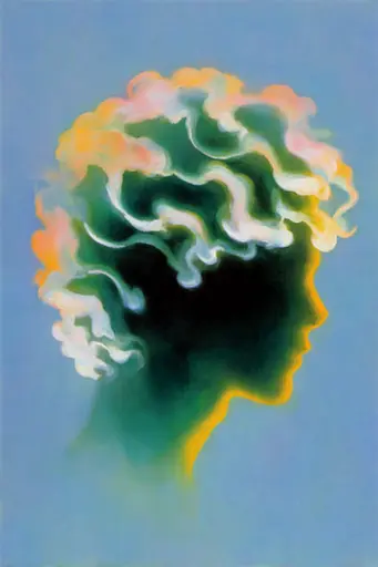 Midjourney generated image using SREF code Plurailteа: A painting of a woman's head with smoke coming out of it.
