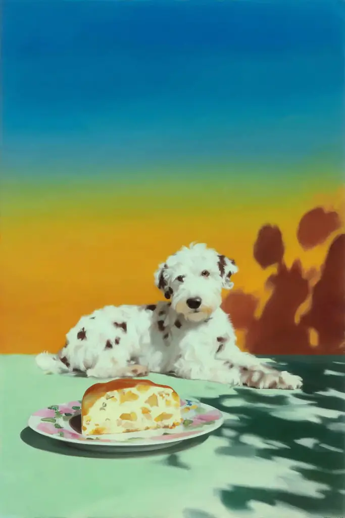 Midjourney generated image using SREF code Plurailteа: A painting of a dog laying on a table with a plate of food.