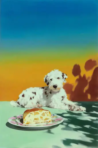 Midjourney generated image using SREF code Plurailteа: A painting of a dog laying on a table with a plate of food.